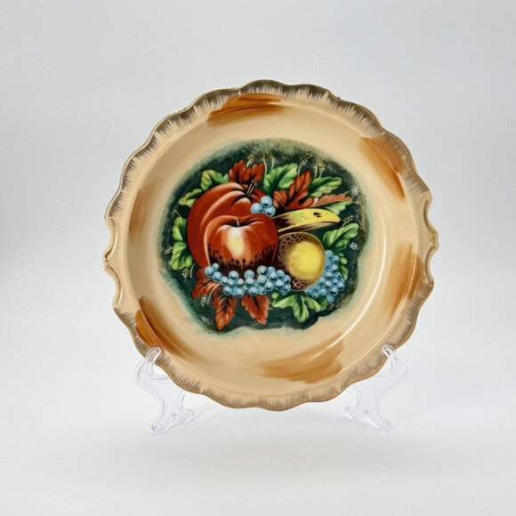 Vintage Hand-Painted Ceramic Fruit Plate With Scalloped Edges & Gold Trim MCM - Picture 2 of 7